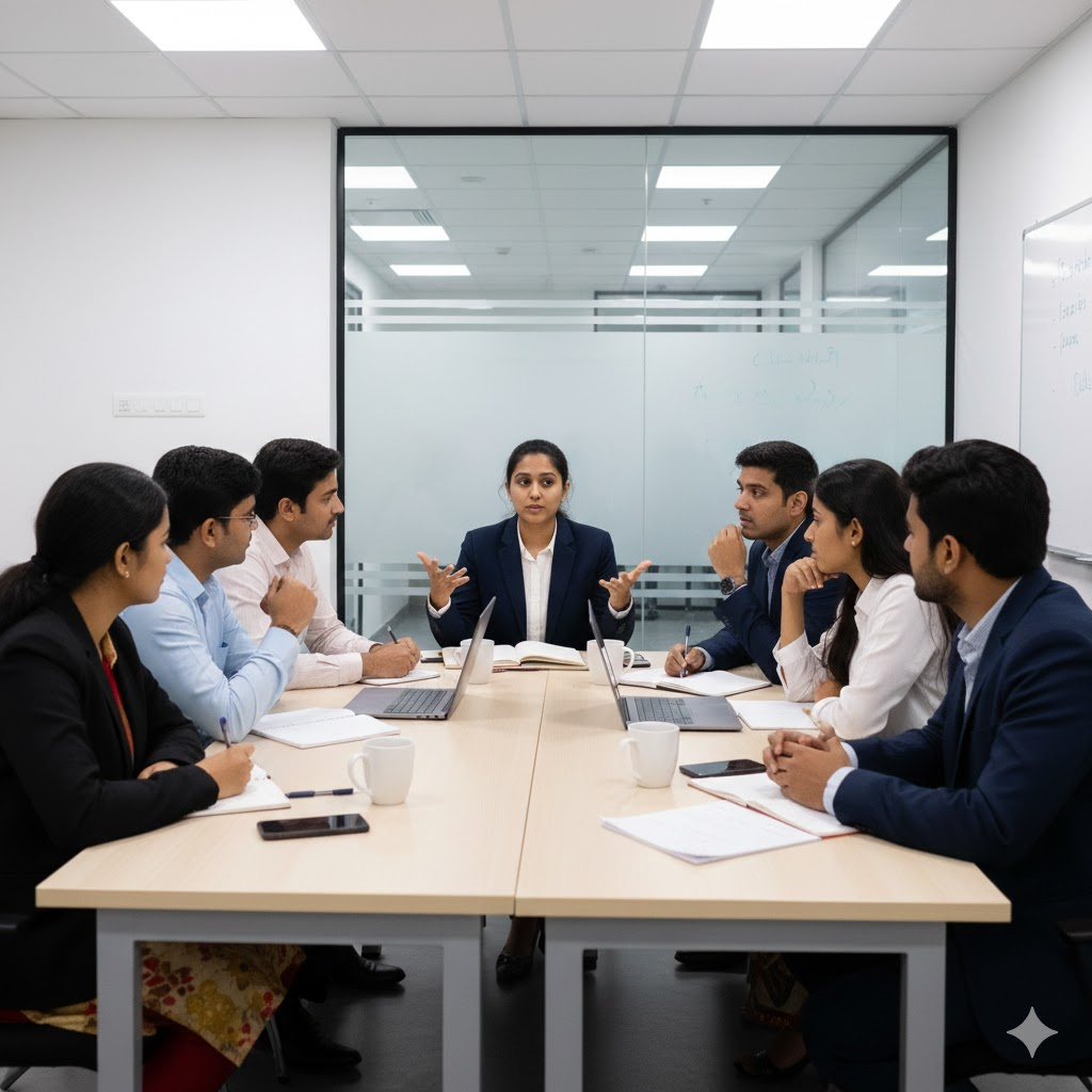 FBBS students working through a live business brief in a discussion-led classroom